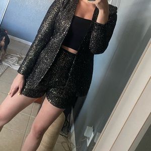 Black and gold sparkly blazer with high waisted shorts from Zara